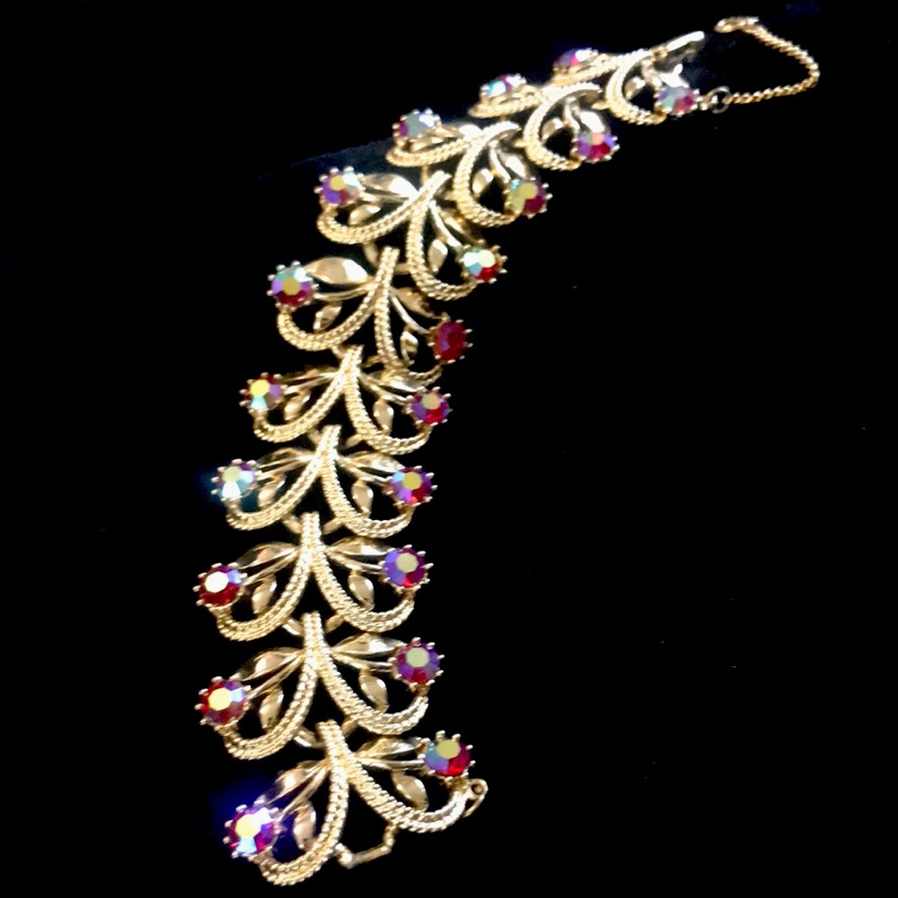 Gorgeous Golden w/ Pink AB rhinestones bracelet, vintage